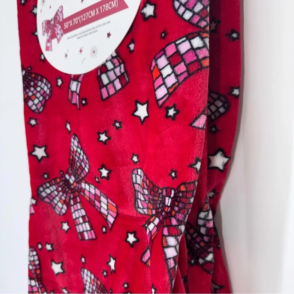 Be Merry & Bright Disco Bow Christmas Throw Blanket 50”x70” Feminine New Nwt